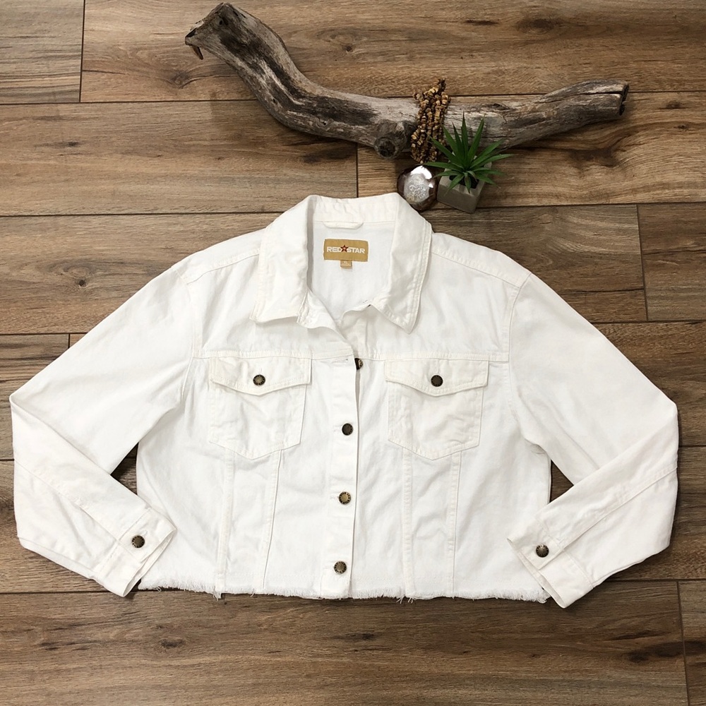 Red Star White Denim Crop Jean Jacket Raw Hem Boxy